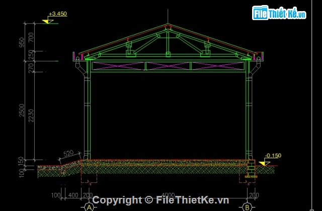 Bản vẽ nhà để xe mái tôn vì kèo thép KT 4x17,5m